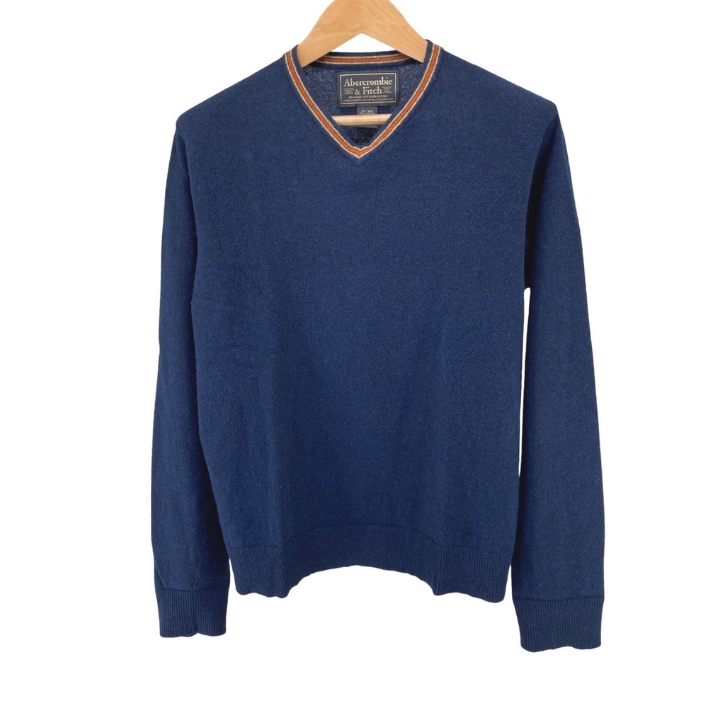 Abercrombie Fitch Mens Navy Blue V Neck Sweater Size L Wool Cotton Blend Trim